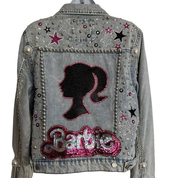 (H-218) Barbie Theme Denim Jacket Size L - Picture 1 of 10